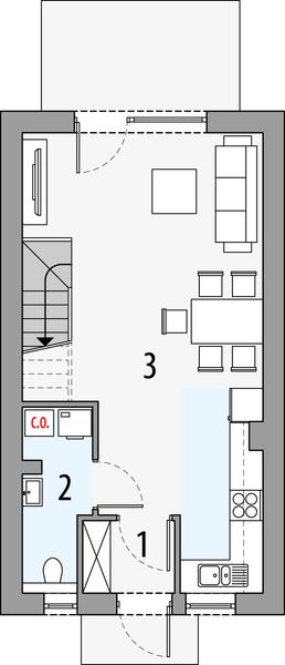 Projekt domu Koral b - rzut parteru, dom liczy 2 pokoje, 2 łazienki i wc