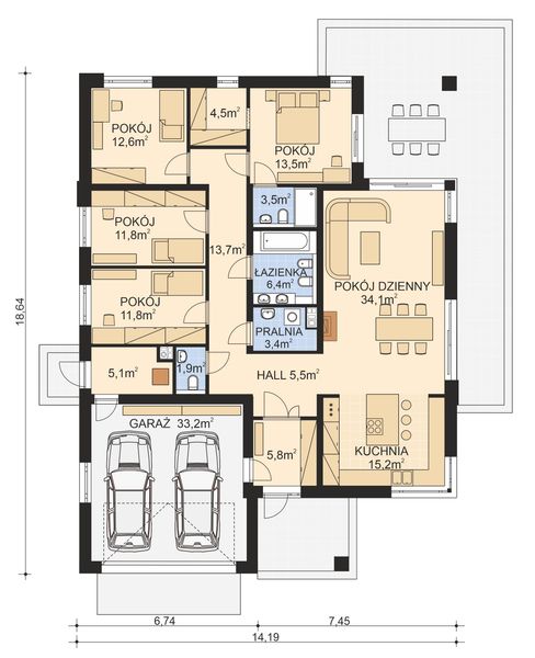 Projekt domu APS 401 wariant 5 - rzut parteru, dom liczy 4 pokoje, 3 łazienki i wc