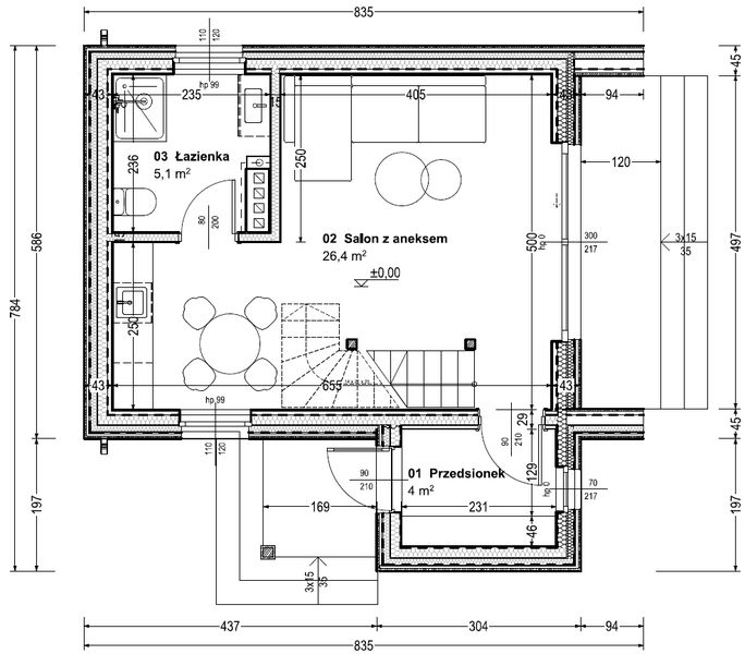 Parter projektu Dom prefabrykowany DH47 + przedsionek