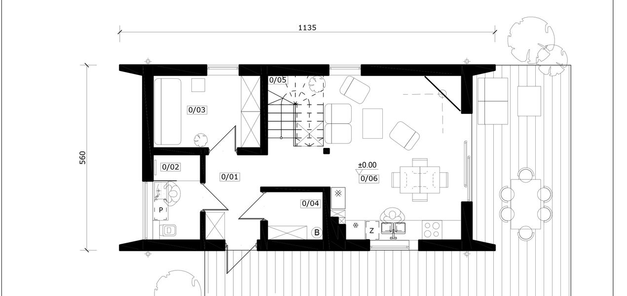 Projekt domu September - rzut parteru, dom liczy 4 pokoje, 2 łazienki i wc