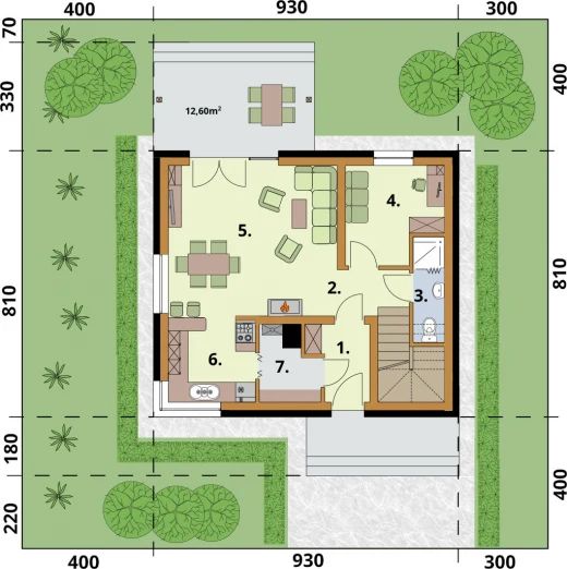 Projekt domu Santorini 2 szkielet drewniany - rzut parteru, dom liczy 4 pokoje, 2 łazienki i wc