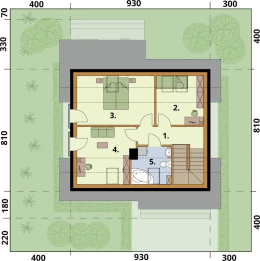 Projekt domu Santorini 2 szkielet drewniany - rzut poddasza, dom liczy 4 pokoje, 2 łazienki i wc
