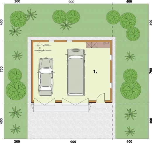 Projekt garażu G1B szkielet drewniany garaż dwustanowiskowy - rzut parteru, dom liczy 0 pokoje, 0 łazienki i wc