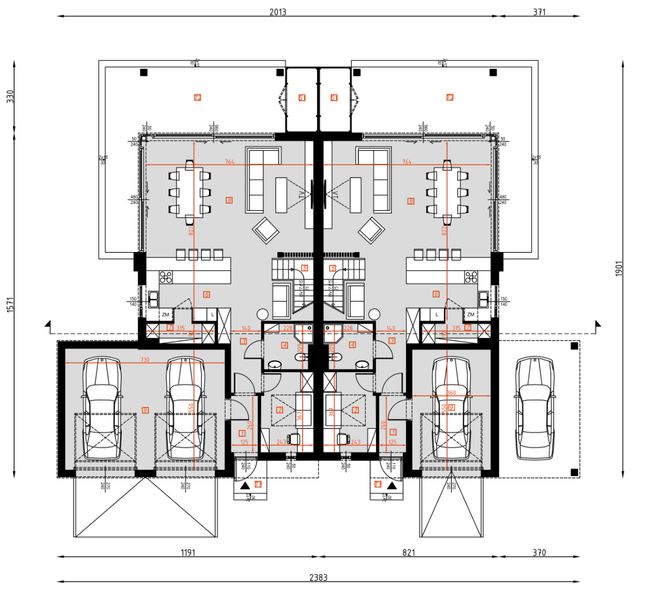 Projekt domu D449 - Zabudowa bliźniacza - rzut parteru, dom liczy 8 pokoje, 5 łazienki i wc