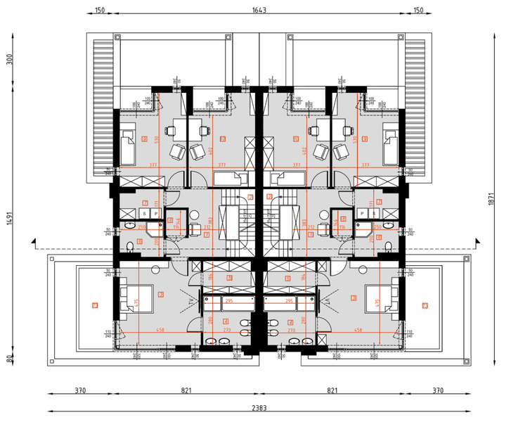 Projekt domu D449 - Zabudowa bliźniacza - rzut 1 piętra, dom liczy 8 pokoje, 5 łazienki i wc