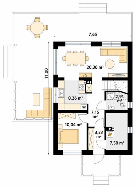 Projekt domu Aksamitka 4 - rzut parteru, dom liczy 4 pokoje, 2 łazienki i wc