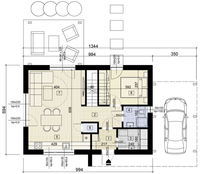 Projekt domu D2-85 - rzut parteru, dom liczy 4 pokoje, 2 łazienki i wc