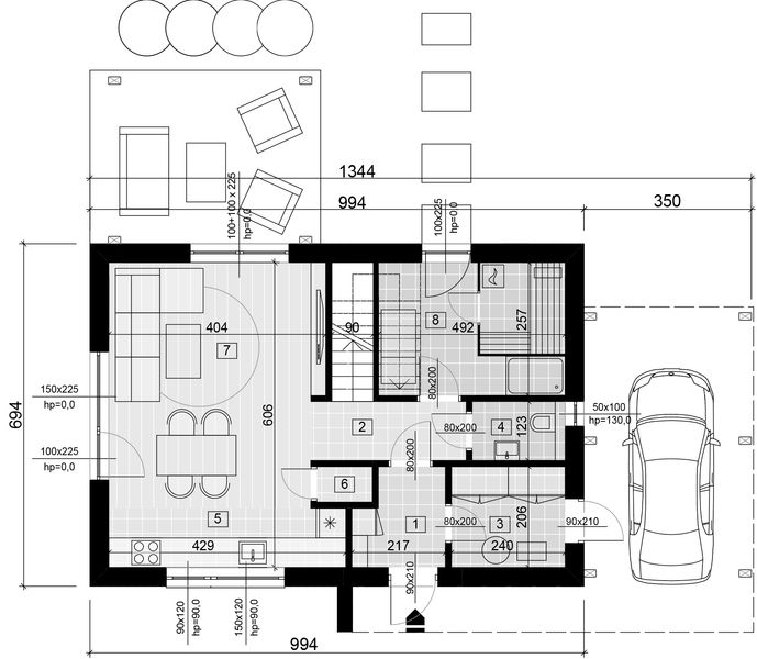 Projekt domu D2S-85 - rzut parteru, dom liczy 3 pokoje, 2 łazienki i wc