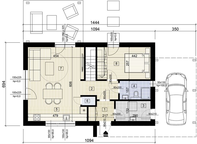 Projekt domu D3-95 - rzut parteru, dom liczy 4 pokoje, 2 łazienki i wc