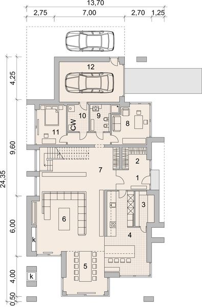 Projekt domu LK&1337 - rzut parteru, dom liczy 6 pokoje, 4 łazienki i wc