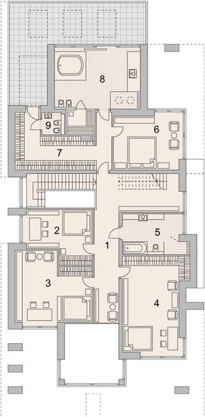 Projekt domu LK&1337 - rzut 1 piętra, dom liczy 6 pokoje, 4 łazienki i wc