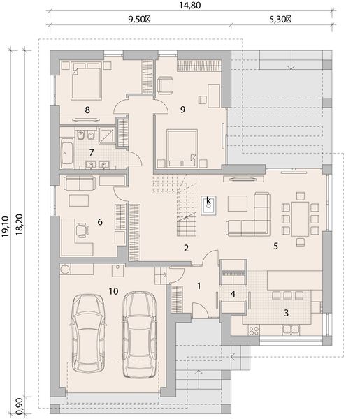 Projekt domu LK&1332 - rzut parteru, dom liczy 6 pokoje, 2 łazienki i wc