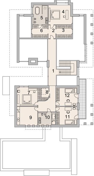 Projekt domu LK&1327 - rzut 1 piętra, dom liczy 7 pokoje, 5 łazienki i wc