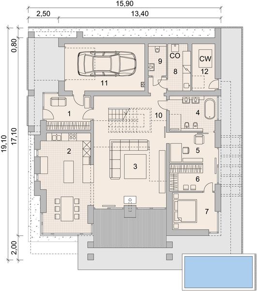 Projekt domu LK&1322 - rzut parteru, dom liczy 4 pokoje, 3 łazienki i wc