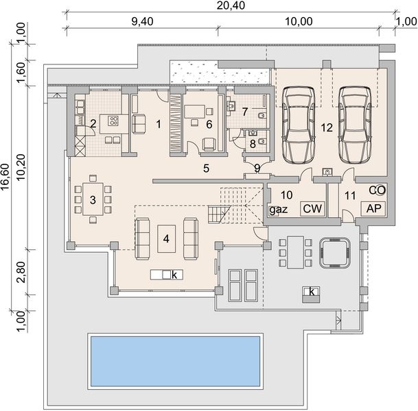 Projekt domu LK&1313 - rzut parteru, dom liczy 4 pokoje, 3 łazienki i wc