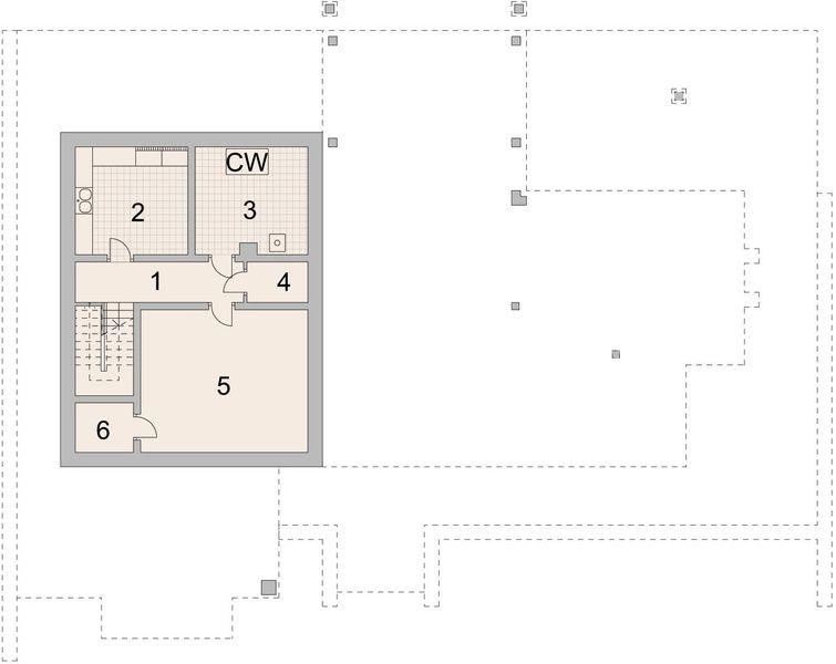 Projekt domu LK&1312 - rzut piwnicy, dom liczy 5 pokoje, 4 łazienki i wc