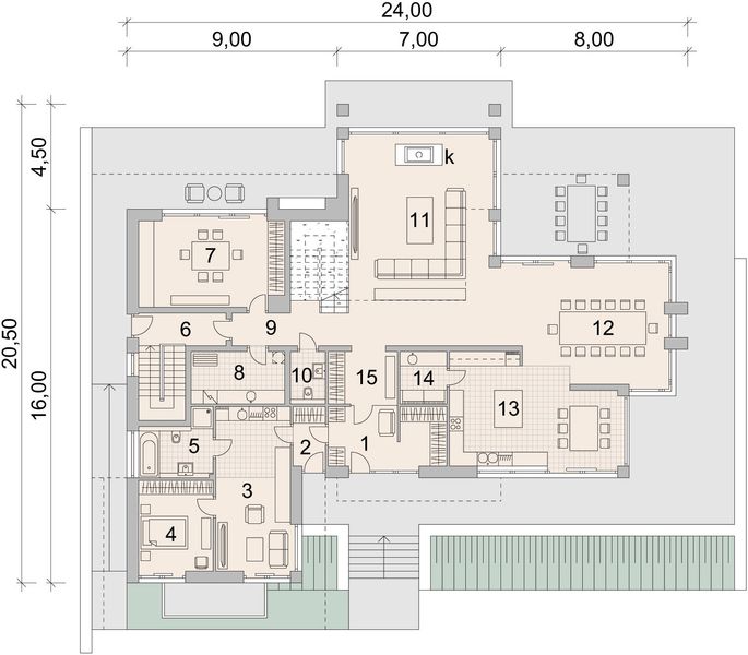 Projekt domu LK&1312 - rzut parteru, dom liczy 5 pokoje, 4 łazienki i wc