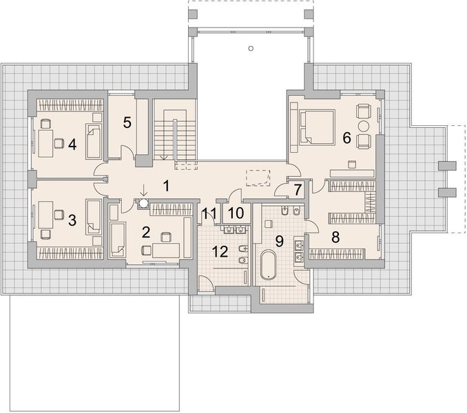 Projekt domu LK&1312 - rzut 1 piętra, dom liczy 5 pokoje, 4 łazienki i wc