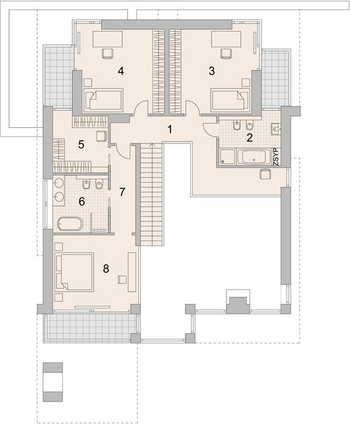 Projekt domu LK&1308 - rzut 1 piętra, dom liczy 4 pokoje, 3 łazienki i wc