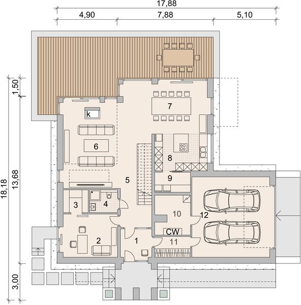 Projekt domu LK&1306 - rzut parteru, dom liczy 4 pokoje, 3 łazienki i wc