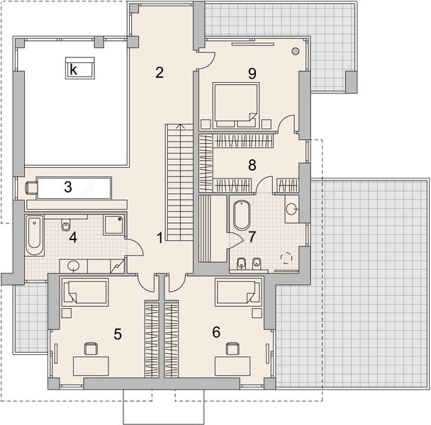 Projekt domu LK&1306 - rzut 1 piętra, dom liczy 4 pokoje, 3 łazienki i wc