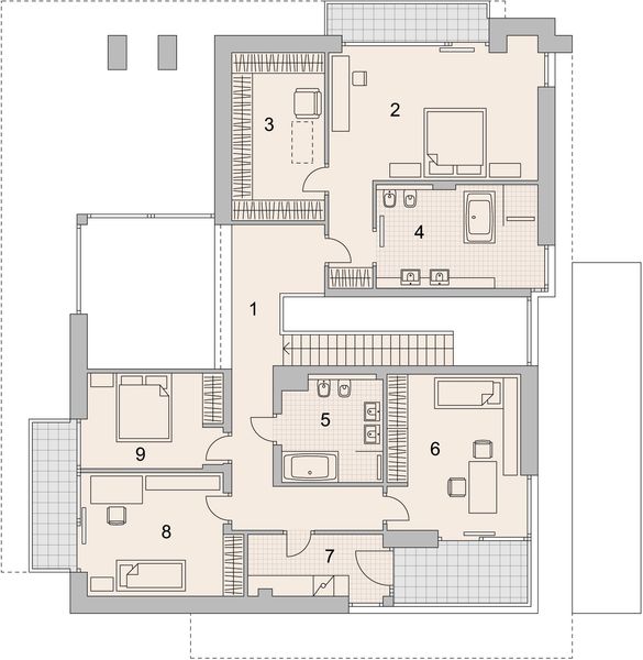 Projekt domu LK&1305 - rzut 1 piętra, dom liczy 5 pokoje, 3 łazienki i wc