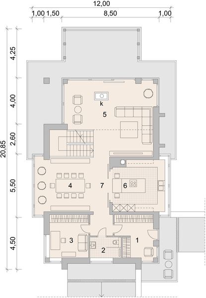 Projekt domu LK&1304 - rzut parteru, dom liczy 4 pokoje, 3 łazienki i wc