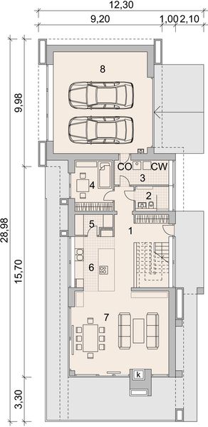 Projekt domu LK&1302 - rzut parteru, dom liczy 4 pokoje, 3 łazienki i wc