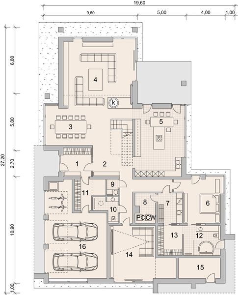 Projekt domu LK&1301 - rzut parteru, dom liczy 6 pokoje, 4 łazienki i wc