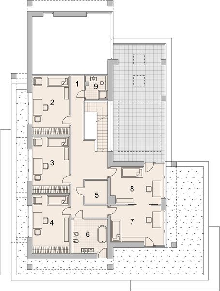 Projekt domu LK&1301 - rzut poddasza, dom liczy 6 pokoje, 4 łazienki i wc
