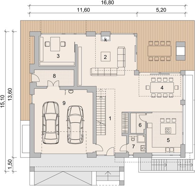Projekt domu LK&1299 - rzut parteru, dom liczy 5 pokoje, 4 łazienki i wc