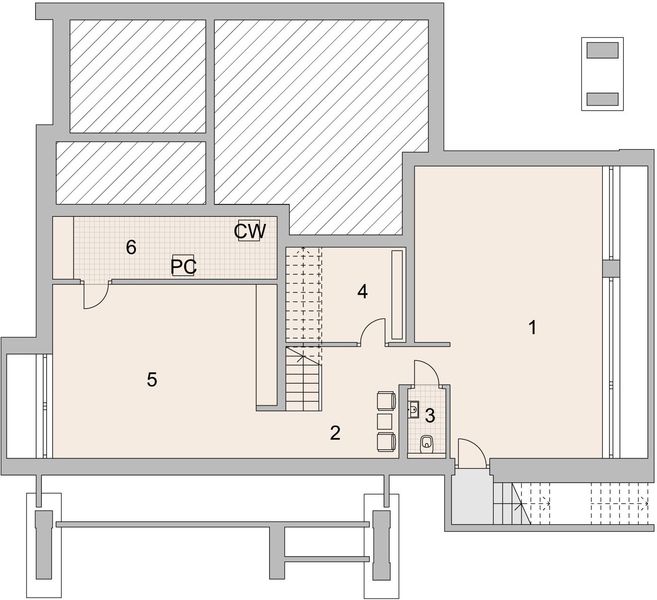 Projekt domu LK&1299 - rzut piwnicy, dom liczy 5 pokoje, 4 łazienki i wc