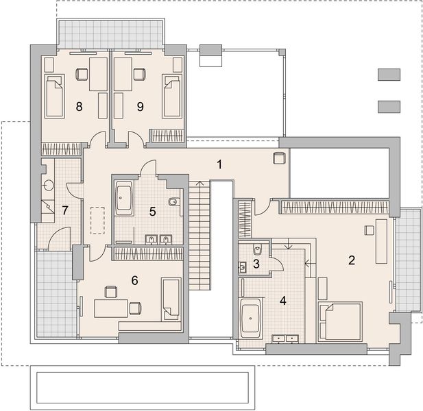 Projekt domu LK&1299 - rzut 1 piętra, dom liczy 5 pokoje, 4 łazienki i wc