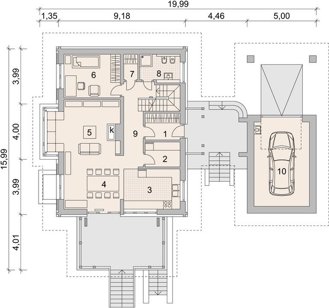 Projekt domu LK&1297 - rzut parteru, dom liczy 5 pokoje, 3 łazienki i wc