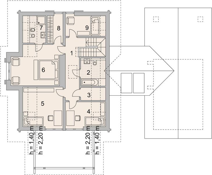 Projekt domu LK&1297 - rzut poddasza, dom liczy 5 pokoje, 3 łazienki i wc