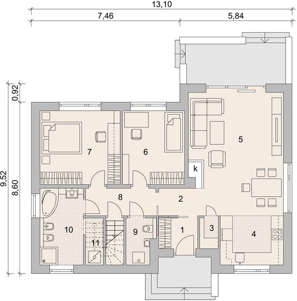 Projekt domu LK&1273 - rzut parteru, dom liczy 2 pokoje, 2 łazienki i wc