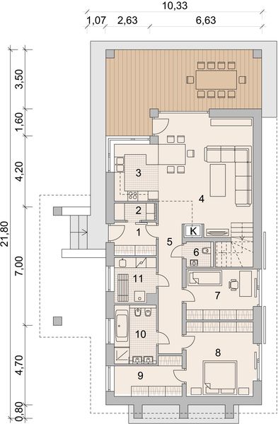 Projekt domu LK&1144 - rzut parteru, dom liczy 3 pokoje, 3 łazienki i wc