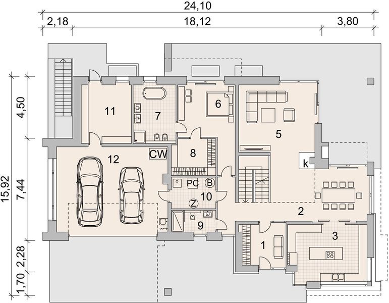 Projekt domu LK&1142 - rzut parteru, dom liczy 4 pokoje, 4 łazienki i wc