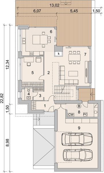Projekt domu LK&1141 - rzut parteru, dom liczy 5 pokoje, 3 łazienki i wc