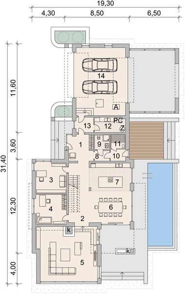 Projekt domu LK&1140 - rzut parteru, dom liczy 5 pokoje, 3 łazienki i wc