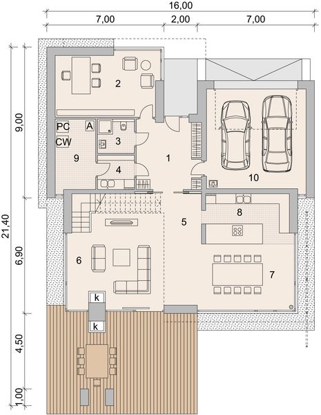 Projekt domu LK&1138 - rzut parteru, dom liczy 5 pokoje, 3 łazienki i wc