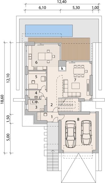 Projekt domu LK&1136 - rzut parteru, dom liczy 4 pokoje, 3 łazienki i wc
