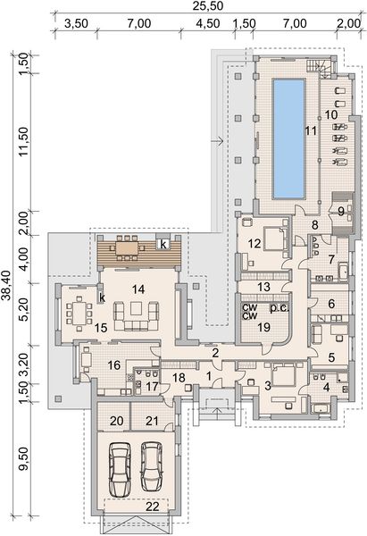 Projekt domu LK&1135 - rzut parteru, dom liczy 3 pokoje, 3 łazienki i wc