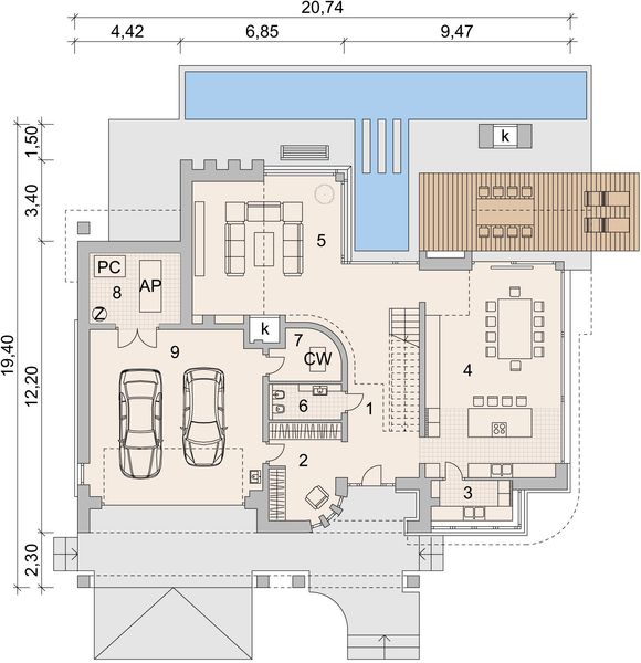 Projekt domu LK&1133 - rzut parteru, dom liczy 4 pokoje, 3 łazienki i wc