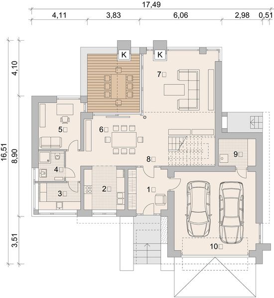 Projekt domu LK&1131 - rzut parteru, dom liczy 4 pokoje, 3 łazienki i wc