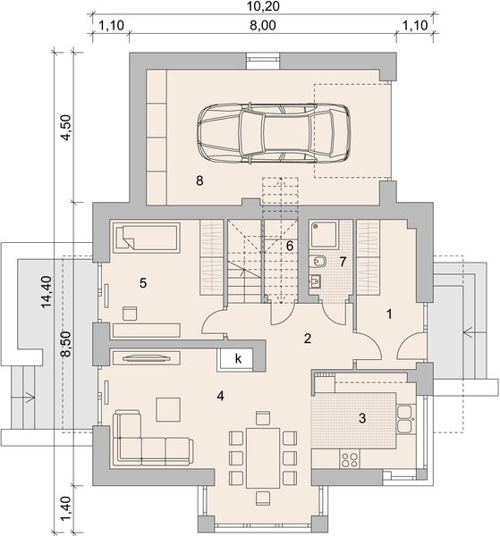Projekt domu LK&1130 - rzut parteru, dom liczy 4 pokoje, 2 łazienki i wc
