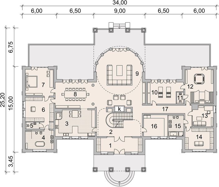 Projekt domu LK&1126 - rzut parteru, dom liczy 6 pokoje, 6 łazienki i wc