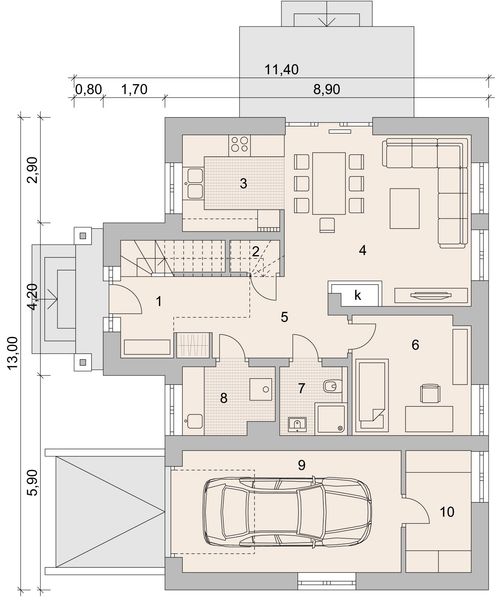 Projekt domu LK&1124 - rzut parteru, dom liczy 5 pokoje, 2 łazienki i wc