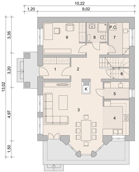 Projekt domu LK&1122 - rzut parteru, dom liczy 4 pokoje, 2 łazienki i wc