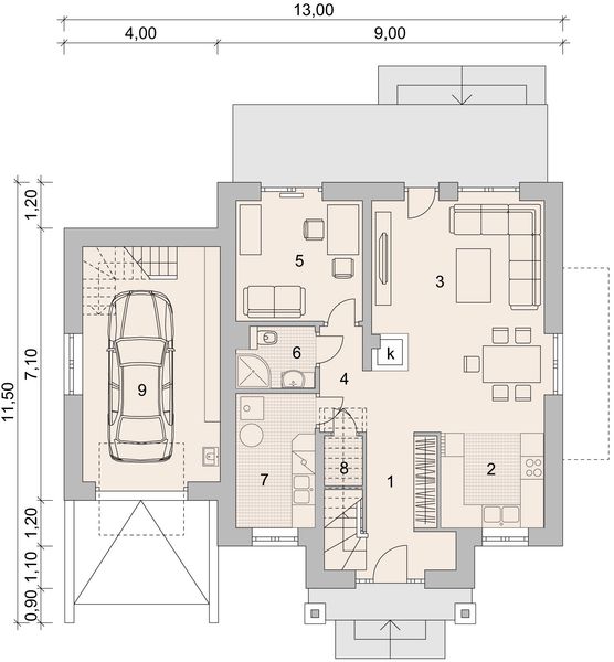 Projekt domu LK&1120 - rzut parteru, dom liczy 4 pokoje, 2 łazienki i wc